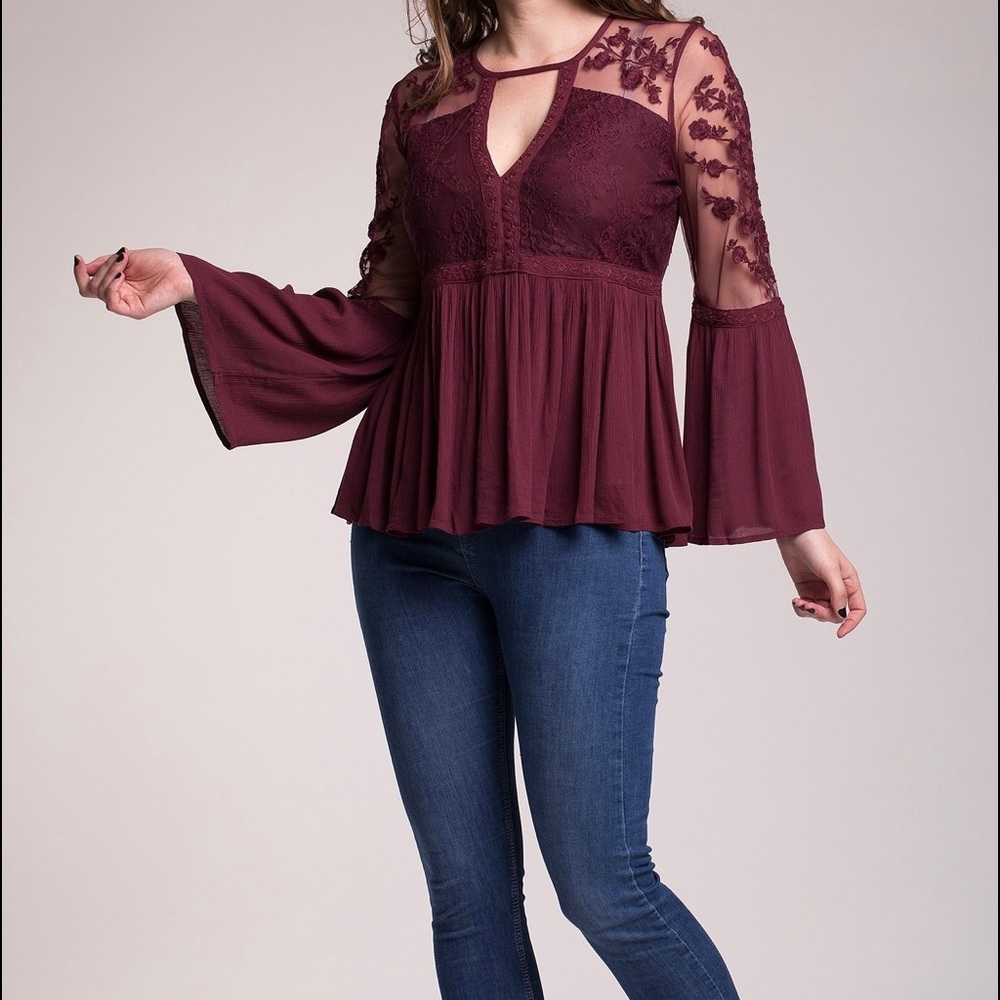 American Eagle Outfitters maroon Sheer lace blouse - Picture 3 of 6
